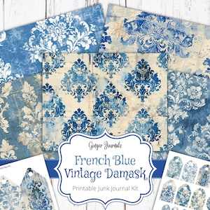 French Blue Vintage Damast Junk Journal Kit, Ephemera, Afdrukbaar Junk Journal, Journaalpapier, Scrapbookpapier, Patroonpagina's, GingerJournals