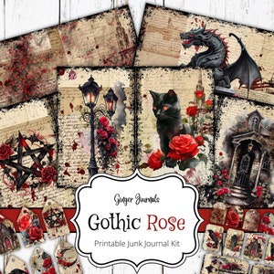 May include: A printable junk journal kit with a gothic rose theme. The kit includes 10 pages with images of a black cat, a gothic house, a pentagram, a street lamp, and a dragon. The kit also includes 10 tags with images of a raven, a skull, a gothic house, and a pentagram.