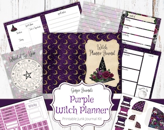 May include: Printable purple witch planner journal kit with a witch hat, moons, and stars on a dark purple background. The kit includes a wheel of the year, spell pages, weekly spreads, and more.