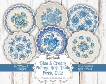 Blå & Krämfärgade Vintage Rose Doily Fussy Cuts, Ephemera, Utskrivbar Junk Journal, Junk Journal Kit, Ingefärska Journaler, Etiketter, Täckdukar