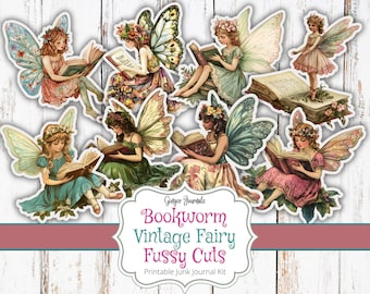 Bookworm Vintage Fairy Fussy Cuts, Vintage Fairy Ephemera, Fairies, Books, Junk Journal Printable, Junk Journal Kit, Reading Faerie, FY