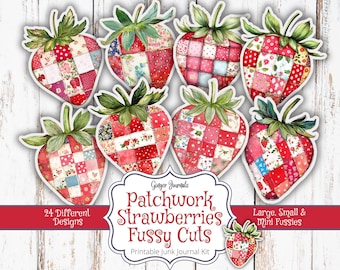 Patchwork Strawberries Fussy Cuts, Junk Journal Kit, Junk Journal Printable, Strawberry Tags, Strawberry Ephemera, Summer, Ginger Journals
