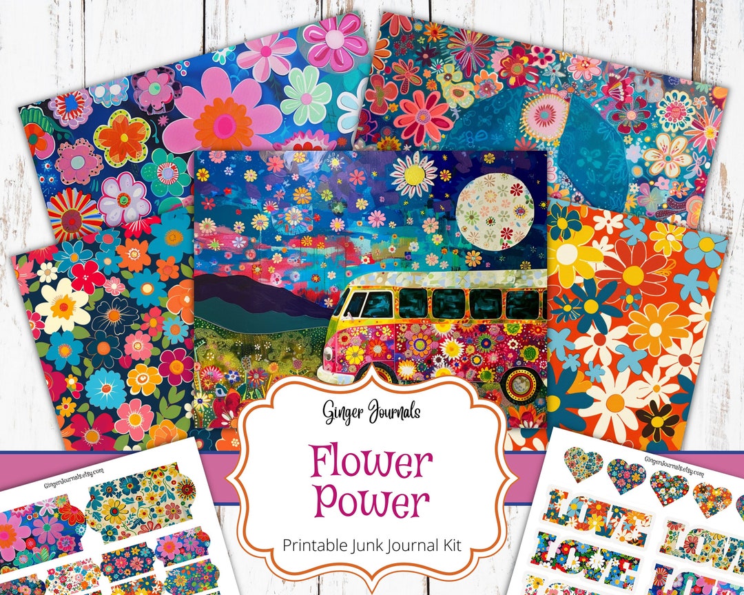 30 Page Hippie Junk Journal Kit, Flower Power, Junk Journal