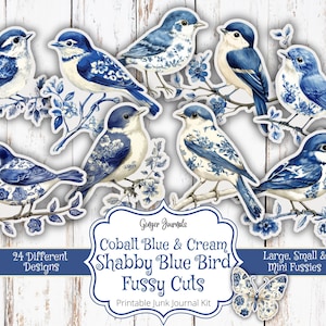 Découpes difficiles, kit de journal indésirable, bleu cobalt minable et crème, éphémères bleus, journal indésirable imprimable, floral bleu, étiquettes, oiseaux