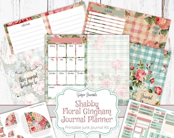 Shabby Floral Gingham Journal Planner Kit, Calendar, Floral Planner, Monthly Planner, Weekly Planner, Junk Journal Printable, Summer Planner