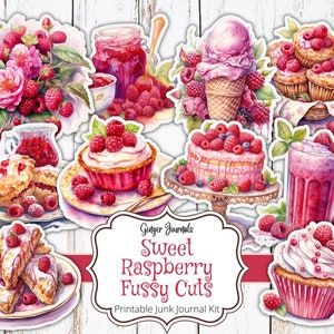 May include: Printable junk journal kit with a sweet raspberry theme. The kit includes images of raspberry cupcakes, cake, ice cream, scones, jam, and a smoothie. The images are in a watercolor style and are perfect for adding a touch of sweetness to your journal.
