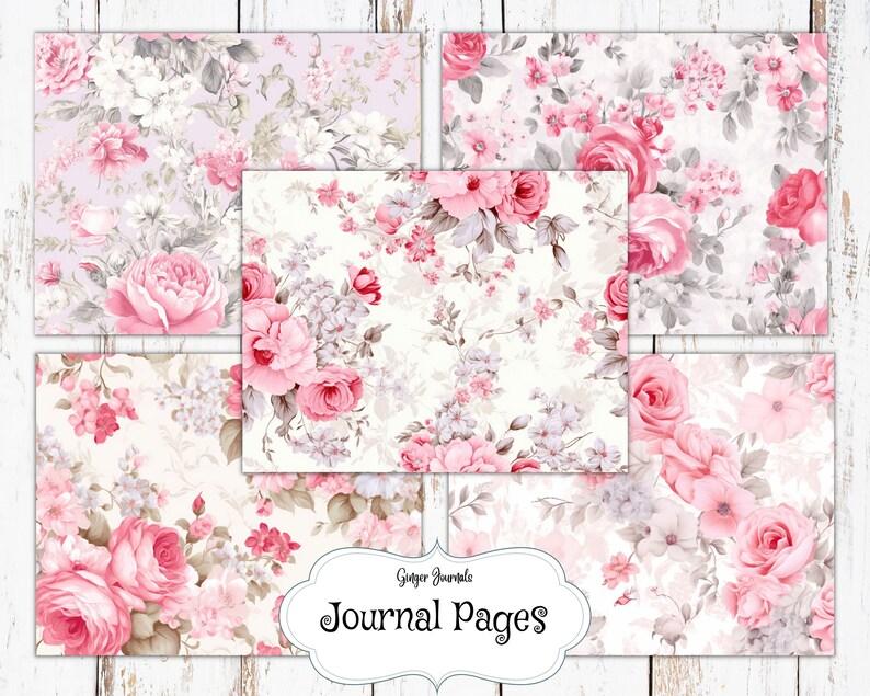 25 Page Floral Junk Journal Kit, Floral Charm in Pink and Gray, Junk ...