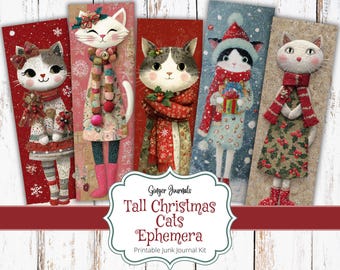 Christmas Cat Ephemera, Tall Christmas Cats, Junk Journal Kit, Junk Journal Printable, Ephemera, Christmas Journal, Christmas Bookmarks, CM