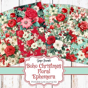 Boho Christmas Floral Ephemera, Printable Christmas Tags, Gift Tags, Junk Journal Kit, Journal Printable, Christmas Junk Journal, CM