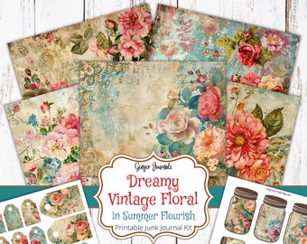 May include: A collection of printable junk journal kit elements featuring a dreamy vintage floral design. The kit includes patterned papers, tags, and jar illustrations, all with a distressed, aged aesthetic. The color palette includes soft pinks, blues, and creams.