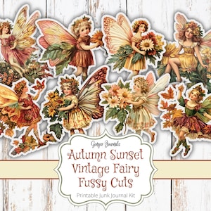 Herfstzonsondergang vintage fairy pietluttig snijwerk, vintage sprookjes ephemera, feeën, herfst, afdrukbaar junkjournaal, kit voor junkjournal, FY, HW