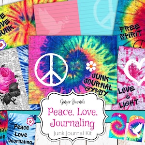 Kit de diario basura Peace Love Journaling, imprimible, papel, hippie, gitano, bohemio, tie-dye