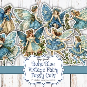 Coupes pointues de fée vintage bleu bohème, éphémères de fées vintage, fées, journal indésirable imprimable, kit de journal indésirable, fées bleues, fée, FY