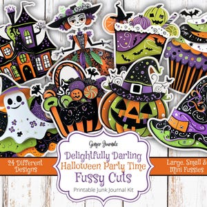 May include: A selection of Halloween-themed paper cutouts, including a haunted house, witch, ghost, pumpkin, and witch's hat. The cutouts are in orange, purple, green, and black. The image text reads "Delightfully Darling Halloween Party Time Fussy Cuts".