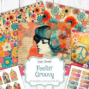 Kit de diario basura Feelin' Groovy, diario basura hippie, material efímero bohemio, imprimible para diario basura, kit de diario, diario basura Flower Power, WT