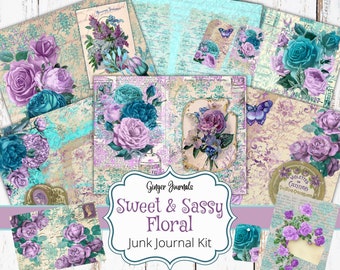 Sweet and Sassy Floral Junk Journal Kit, Junk Journal Printable, Junk Journal Paper, Scrapbook, Decorative Paper, Ephemera, Bohemian, Purple