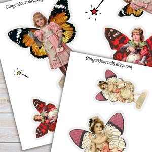 Puede incluir: Un conjunto de im&aacute;genes digitales imprimibles que representan hadas con alas de mariposa. Las hadas visten ropa vintage y tienen una est&eacute;tica de cuento de hadas, caprichosa. Las im&aacute;genes son perfectas para scrapbooking, creaci&oacute;n de tarjetas u otros proyectos de manualidades.