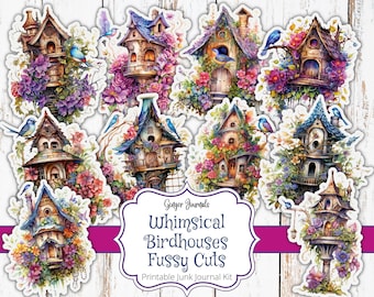 May include: A printable junk journal kit featuring whimsical birdhouses with floral accents. The kit includes 10 different birdhouse designs with intricate details and vibrant colours.