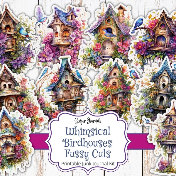 Whimsical Birdhouse Fussy Cuts, Boho Chicken, Junk Journal Printable, Junk Journal Kit, Ephemera Kit, Bird Ephemera, Ginger Journals