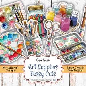May include: A collection of art supplies, including paint palettes, brushes, jars of paint, crayons, and scissors. The image features the text "Art Supplies Fussy Cuts" and "24+ Different Designs". The items are arranged on a white wooden surface.