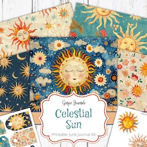 Op de afbeelding: Een verzameling elementen van een printbaar junk journal kit met een hemels thema. De ontwerpen bevatten zonnen, manen, sterren en bloempatronen in een vintage stijl. De kit bevat journaalpagina's, tags en stickers met de tekst "Celestial Sun".