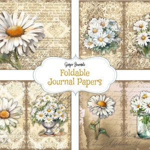 May include: Four printable journal pages featuring a vintage aesthetic with a distressed background and floral designs. The pages feature white daisies with yellow centers, some in a vase and others in a jar. The text "Ginger Journals Foldable Journal Papers" is at the top of the image.