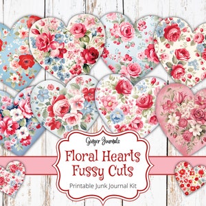 Blumenherzen Ephemera Kit, Valentinstag Ephemera, Junk Journal Kit zum Ausdrucken, Junk Journal Ephemera, Valentinstag Junk Journal Kit, Herzen, VT