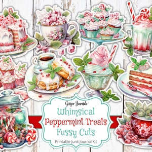 Whimsical Peppermint Treats Fussy Cuts, Junk Journal Kit, Junk Journal Printable, Christmas Journal, Peppermint, Tags, Ephemera, CM