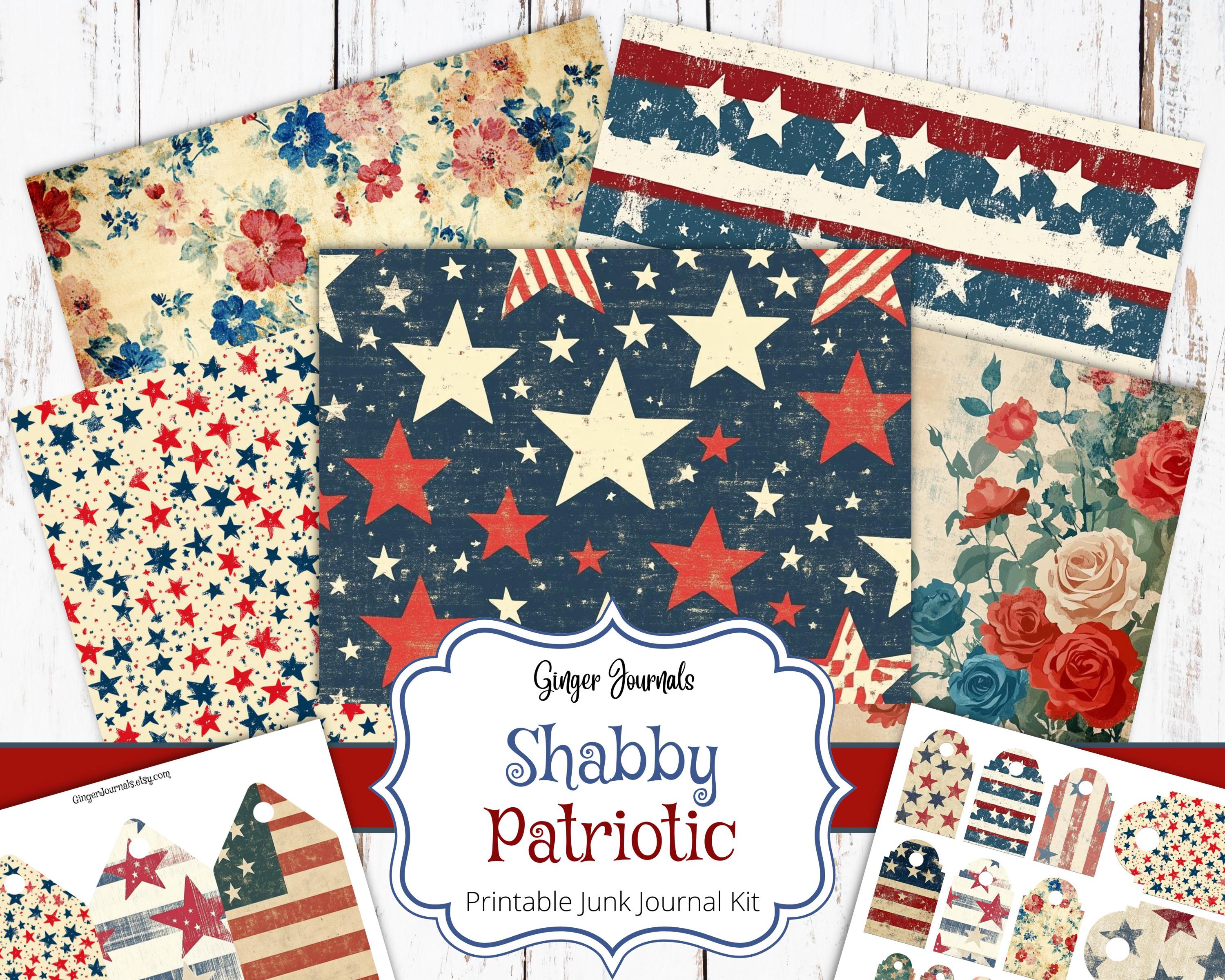 Shabby Patriotic Junk Journal Kit, Junk Journal Printable, Junk Journal Paper, Scrapbook Paper, Patriotic, Fourth of July, 4th of July