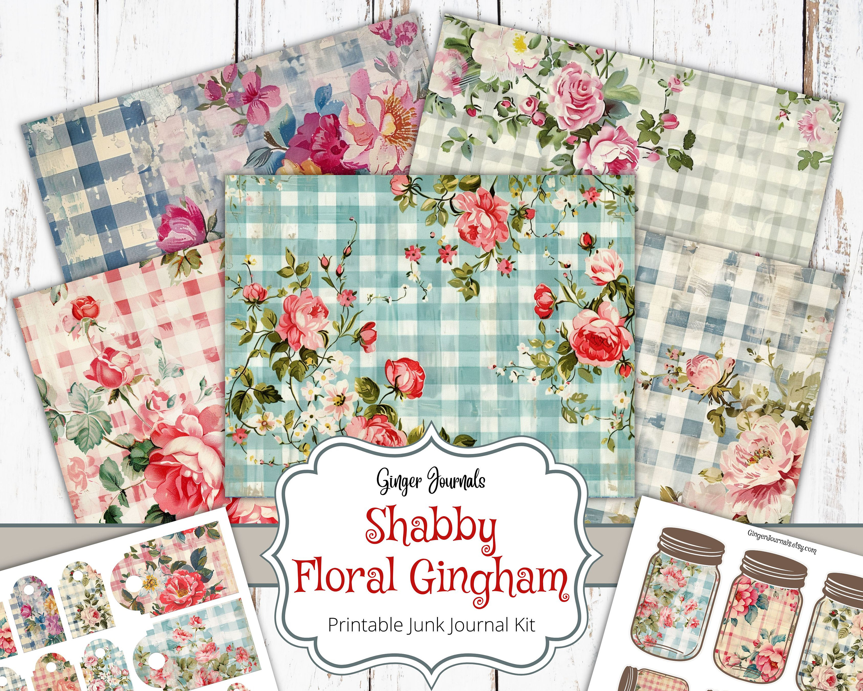 Shabby Floral Gingham Junk Journal Kit, Ephemera, Junk Journal Printable, Journal Paper, Scrapbook, Pattern Pages, GingerJournals