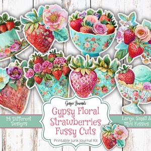 Fresas florales gitanas con cortes delicados, etiquetas, efímeras, diario de fresas, imprimible para diario basura, kit para diario basura, fresa bohemia, verano