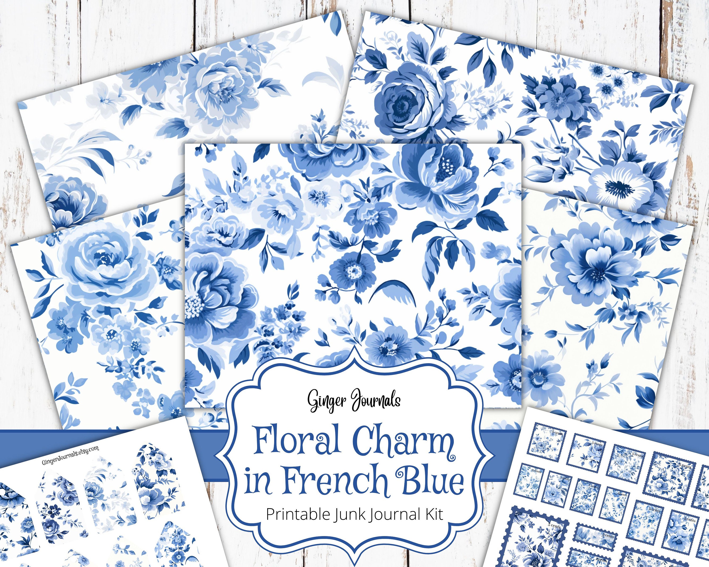 junkjournal【fleur】 26 Pages Floral Junk Journal Kit, Floral Charm in French Blue