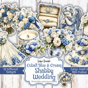 Shabby bruiloft kieskeurige sneden, junk Journal Kit, kobaltblauw en crème, kortstondige, afdrukbare junk Journal, vrijgezellenfeest, huwelijksdouche, Tags