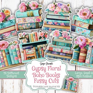 Libros bohemios con motivos florales gitanos, recortes elegantes, efímeras, diario de lectura, imprimible para diario basura, kit para diario basura, diarios de jengibre, biblioteca, etiquetas