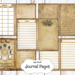 May include: Printable journal pages with a vintage aesthetic. The pages feature a weekly menu, to-do list, moon phases, and lined pages with floral accents. The text "Gypsy Journal" and "Journal Pages" is included.