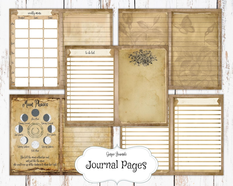 May include: Printable journal pages with a vintage aesthetic. The pages feature a weekly menu, to-do list, moon phases, and lined pages with floral accents. The text "Gypsy Journal" and "Journal Pages" is included.
