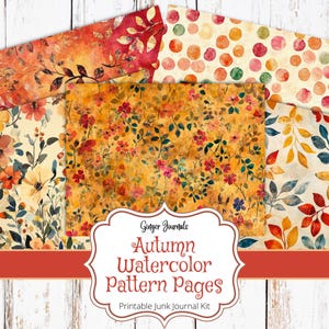 Könnte beinhalten: Ein Set aus sechs druckbaren digitalen Papieren mit herbstlichen Aquarellmustern. Die Muster umfassen florale Designs, Blätter und Punkte in Orange-, Gelb-, Rot- und Brauntönen.