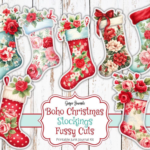 Christmas Stocking Fussy Cuts, Christmas Junk Journal Kit, Junk Journal Printable, Christmas Tags, Stockings, Christmas Ephemera, CM