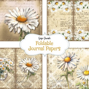 May include: Four digital paper designs featuring white daisies on a vintage background with handwritten text. The papers are designed to be folded and used for journaling.