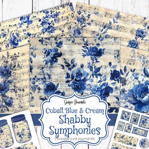 Kit de diario basura "Sinfonías Shabby", azul cobalto y crema, efímera musical, imprimible para diario basura, papel para diario, musical, diarios de jengibre