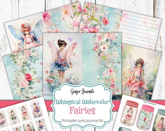 May include: Printable junk journal kit with whimsical watercolor fairies, flowers, and jars. The kit includes 12 digital papers, 9 fairy images, and 3 jar images.