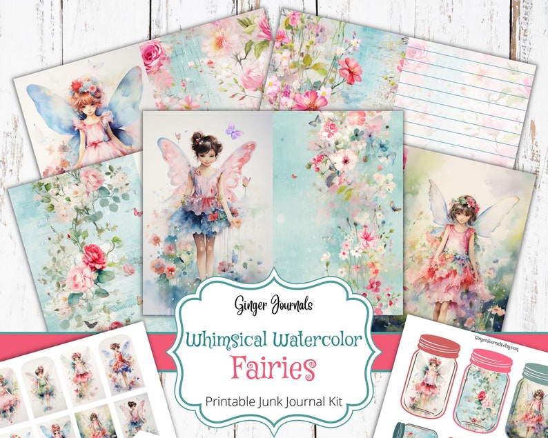 Whimsical Watercolor Fairies Junk Journal Kit, Fairies Ephemera, Junk Journal Printable, Fairy Paper, Fairy Junk Journal, Faerie, FY image 1
