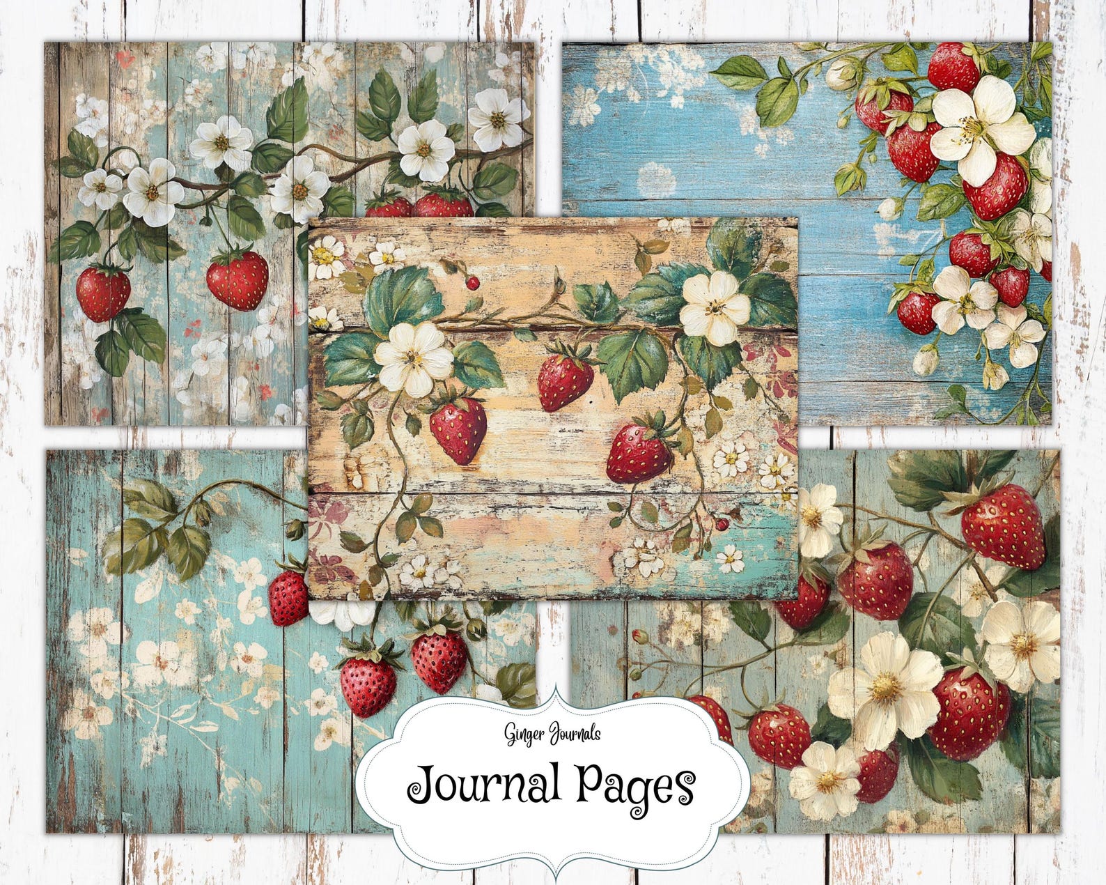 30 Page Shabby Barnwood Strawberries Papers, Junk Journal Kit ...
