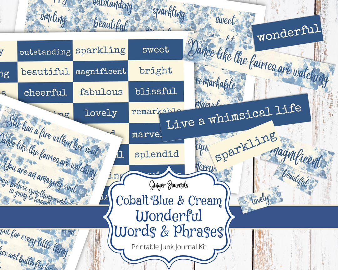 Journal Words Junk Journal Kit, Shabby Cobalt Blue and Cream, Blue ...
