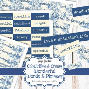 Journal Words Junk Journal Kit, armoedig kobaltblauw en crème, blauwe ephemera, afdrukbare junk Journal, prachtige woorden, gemberdagboeken