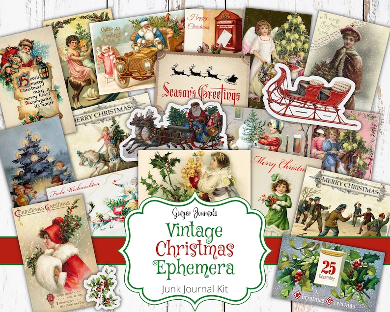 May include: A vintage Christmas ephemera junk journal kit with a variety of images, including a red sleigh, a Christmas tree, a Santa Claus, and a Christmas card with the text "Merry Christmas".