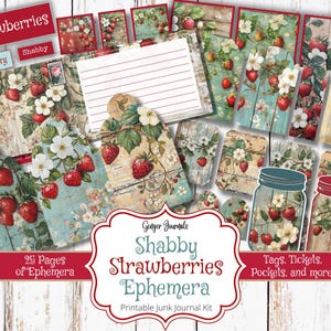 Shabby Barnwood Aardbeien Ephemera Kit, Junk Journal Kit, afdrukbaar, Strawberry Junk Journal, Garden Journal, Strawberry Scrapbook