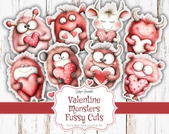 May include: Printable Valentine's Day themed monster fussy cuts for junk journaling. The set includes eight pink and red monsters holding hearts. The title "Valentine Monsters Fussy Cuts" is printed on a white banner.