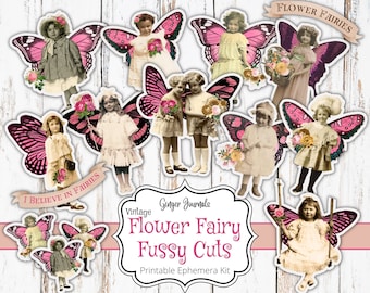 May include: A printable ephemera kit with a vintage aesthetic featuring flower fairies with pink wings. The kit includes the text "I Believe in Fairies" and "Flower Fairy Fussy Cuts".