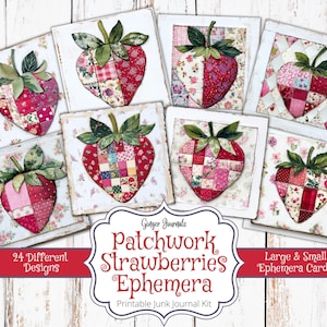 Patchwork fraise éphémères, kit de journal indésirable, journal indésirable à imprimer, étiquettes aux fraises, éphémères fraises, fraises, matelassé